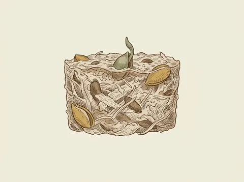A line and colour illustration of hydroseed slurry in cross-section: mulch fiber, seed and binder shown as a settled, textured mass.